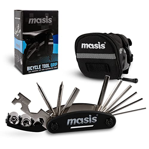 masis® Fahrrad Multifunktionstool GRIP - Fahrradwerkzeug mit gummiertem Griff für rutschsicheren Griff - Die 16 wichtigsten Fahrrad Werkzeuge in einer praktischen Satteltasche für MTB und eBike