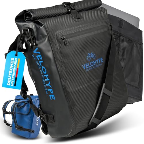 Velohype® 3in1 Fahrradtasche für Gepäckträger mit Rucksack Wasserdicht 25L I Gepäckträgertasche Reflektierend | mit Helmnetz | reißfestes Carbon-Hydroguard Material