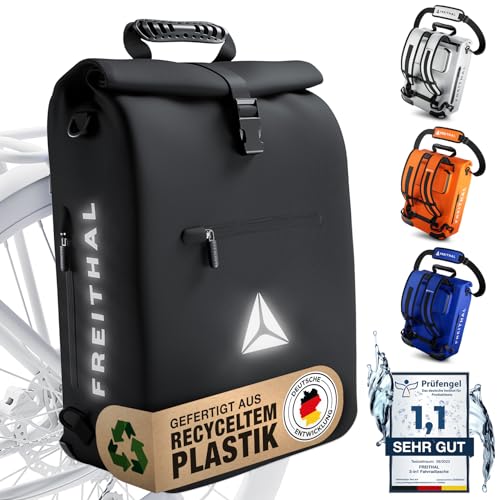 FREITHAL - 3in1 Fahrradtasche aus recyceltem Gewebe [25L] - Verwendbar als Gepäckträgertasche, Rucksack & Umhängetasche - 100% Wasserdichte & Reflektierende Fahrradtasche Rucksack - Mit 16' Laptopfach